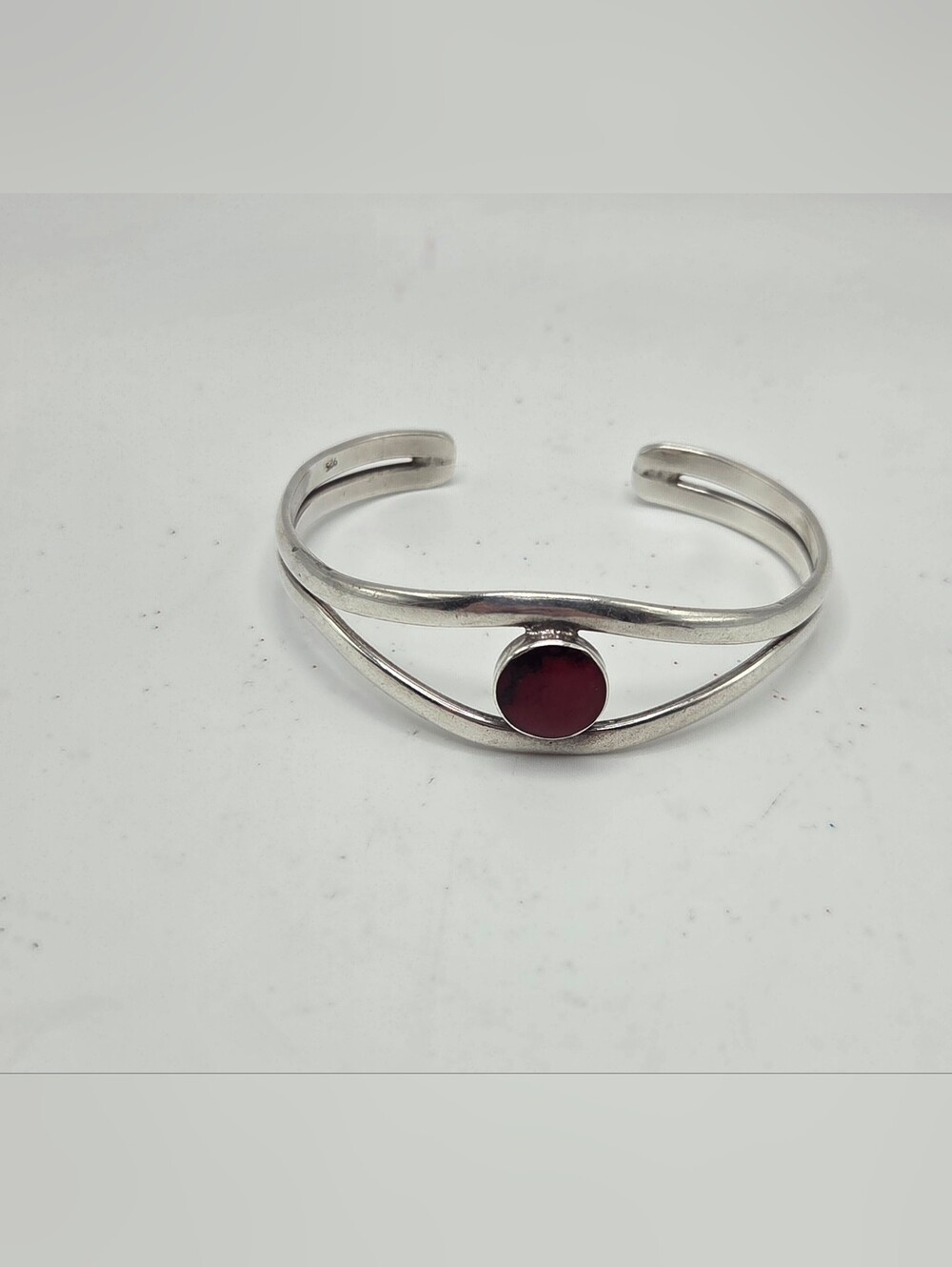Sterling Silver Red  & Black Stone Open Cuff Bracelet Sterling 925